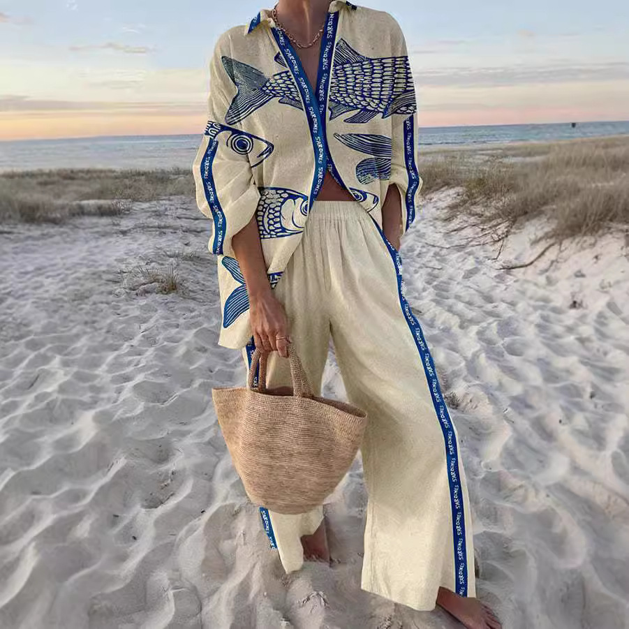 Yazette™ | Conjunto de ropa de cama con estampado de pez azul