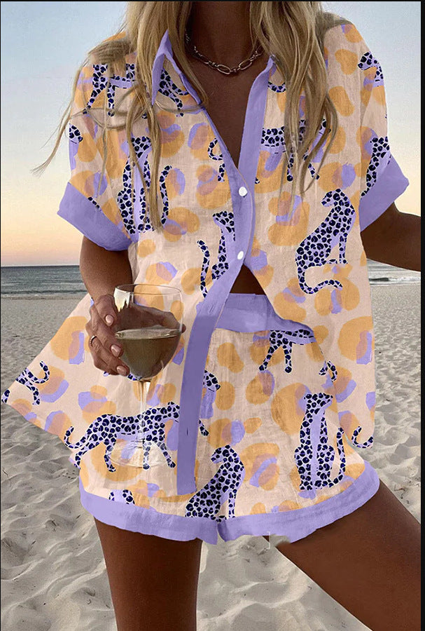 Reolia™ | Conjunto corto de lino con estampado de leopardo