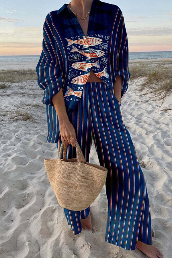 Zairine™ | Conjunto de lino con estampado Koi azul