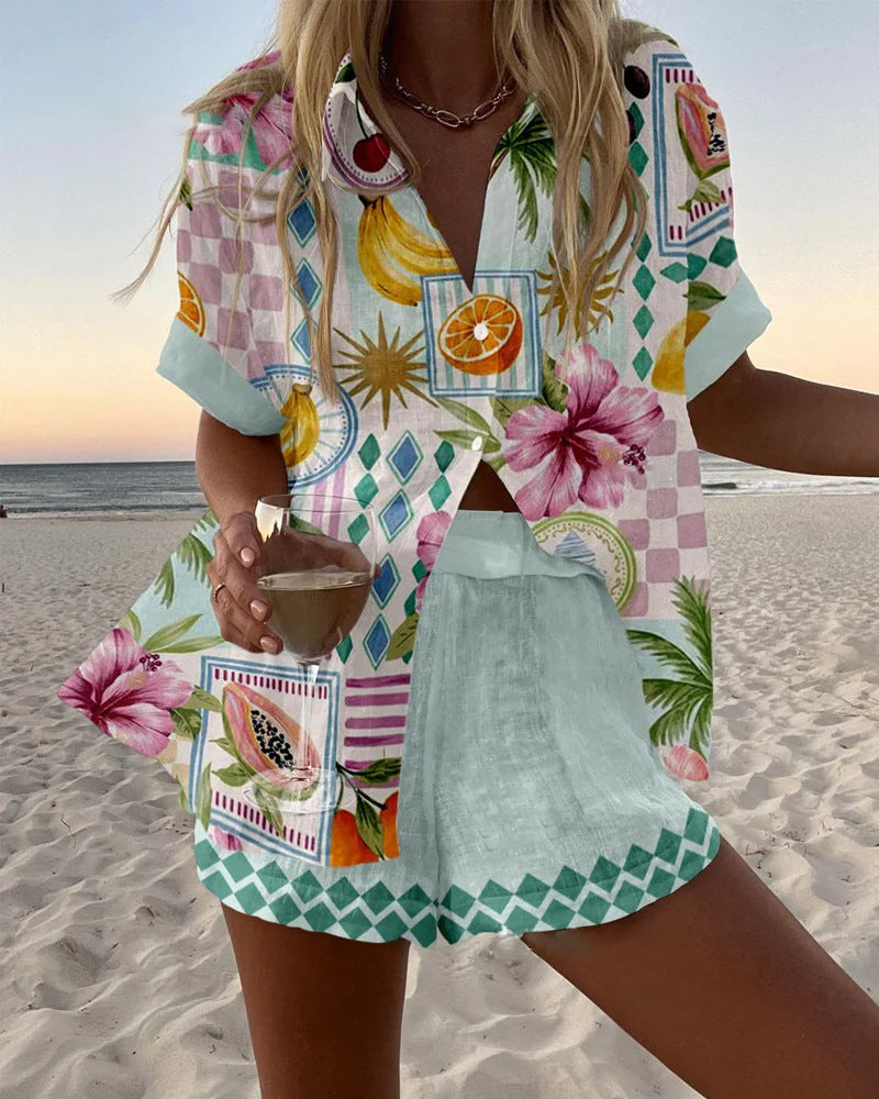 Maevin™ | Conjunto corto de lino con estampado de frutas