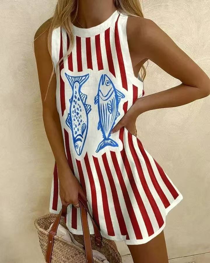 Delara™ | Mini vestido con estampado de peces
