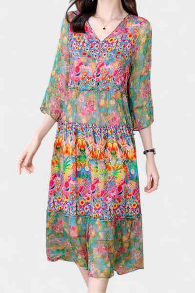 Kate Vestido Midi Vaporoso con Estampado Floral Artístico