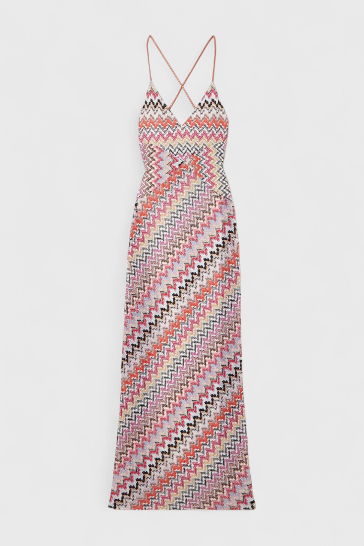 Francia Vestido Largo de Punto Multicolor con Escote Profundo y Espalda Cruzada