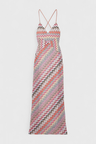 Francia Vestido Largo de Punto Multicolor con Escote Profundo y Espalda Cruzada
