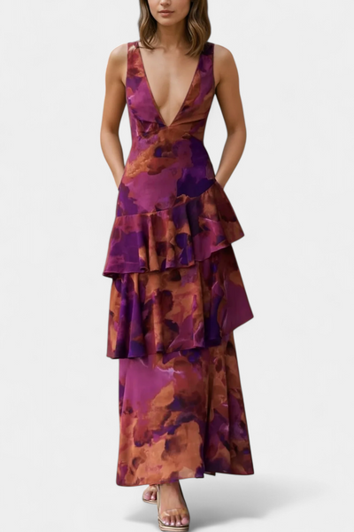 Domenica Vestido de Gasa con Escote en V y Capas Fluidas